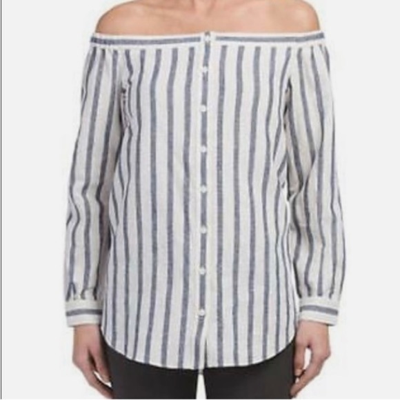 DEREK LAM 10 CROSBY Women’s Linen Striped Long Sleeve Off The Shoulder Top Sz 8 - Picture 1 of 9